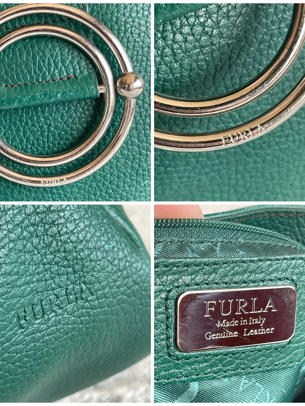 Furla Deep Green Leather Chrome Accent Satchel Women’s Bag